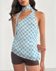 Image of Briva Neck Tie Top in Blurred Check Blue