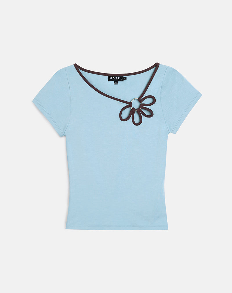 Image of Bunga Flower Cut Out Top in Nantucket Blue with Chocolate Binding