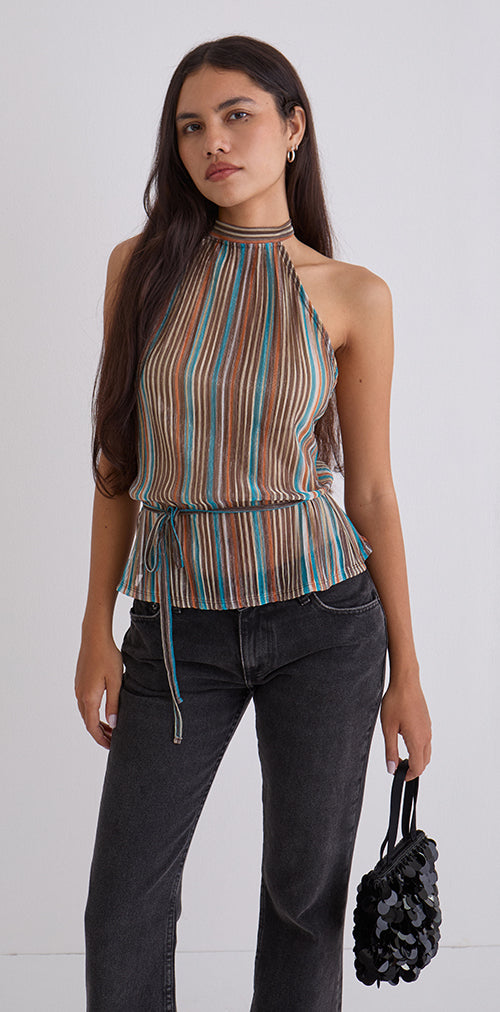 Image of Brienne Top in Blue and Brown Shimmer Sheer Plisse