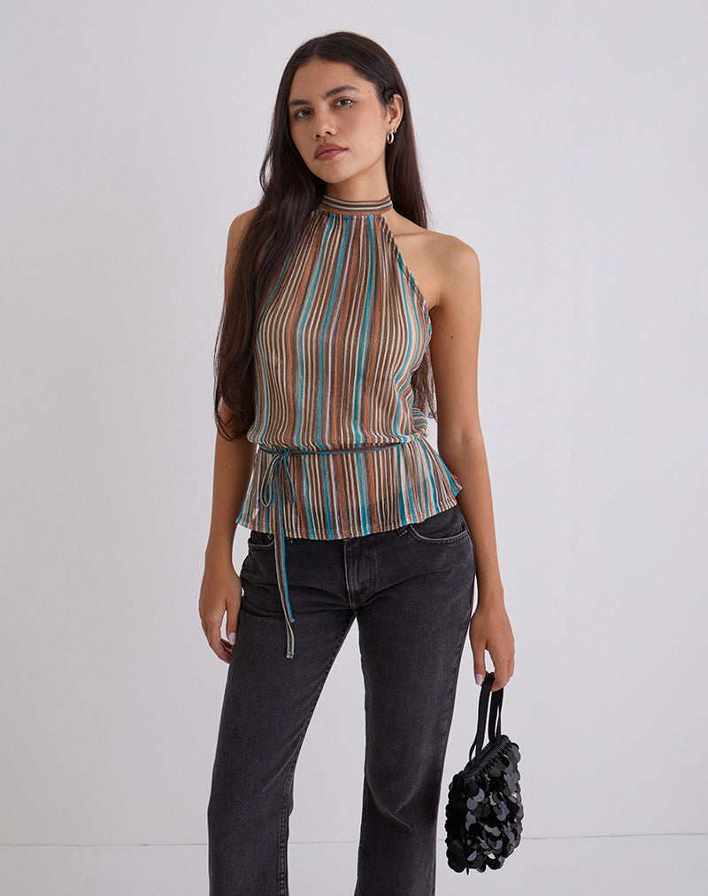Image of Brienne Top in Blue and Brown Shimmer Sheer Plisse