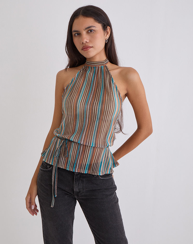 Image of Brienne Top in Blue and Brown Shimmer Sheer Plisse