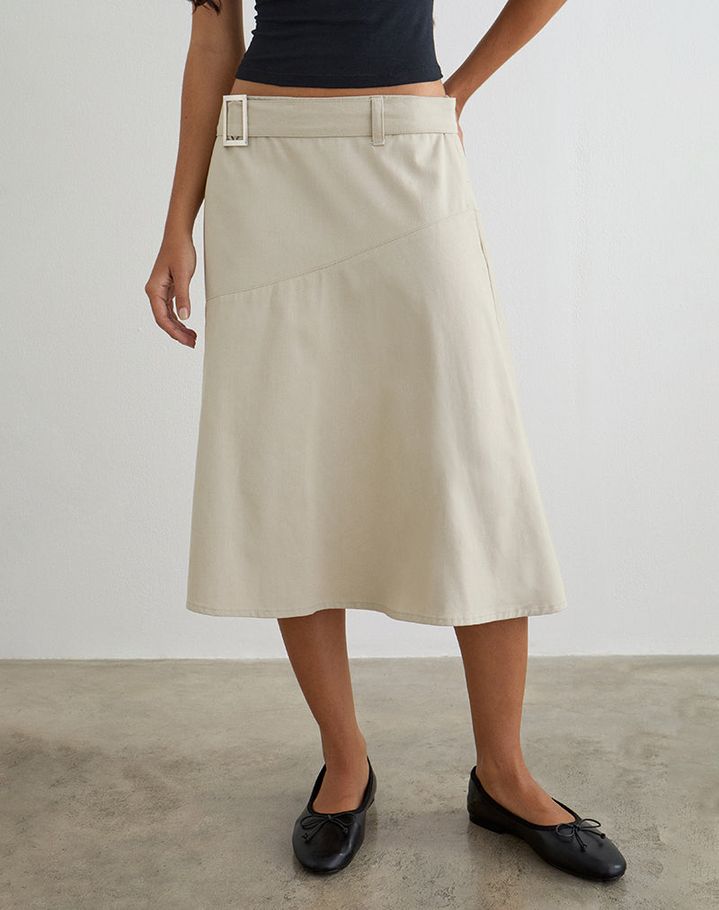 Cabot Midi Skirt with Belt in Cotton Twill Latte
