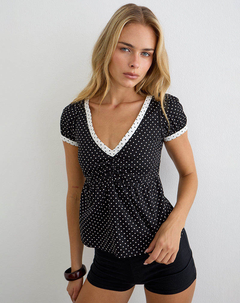 Caixi Top in Black and White Combination with Micro Polka Print