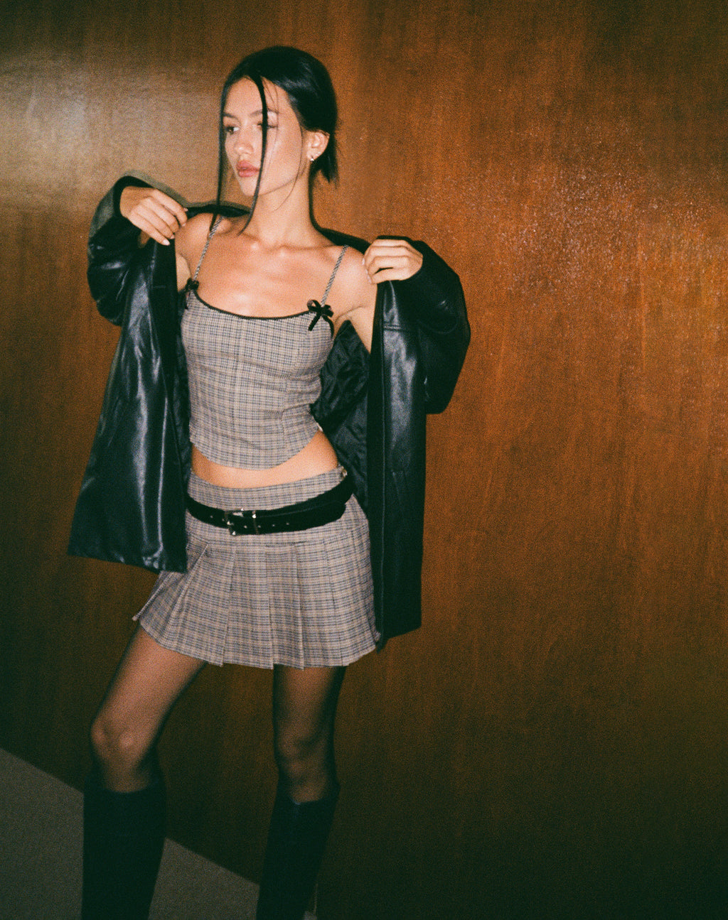 Casini Pleated Micro Skirt in Micro Check Brown