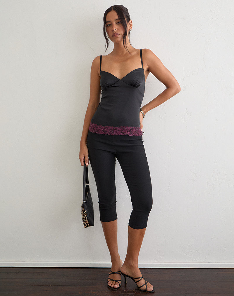 Image of Camara Top in Satin Black with Lace Trim Burgundy