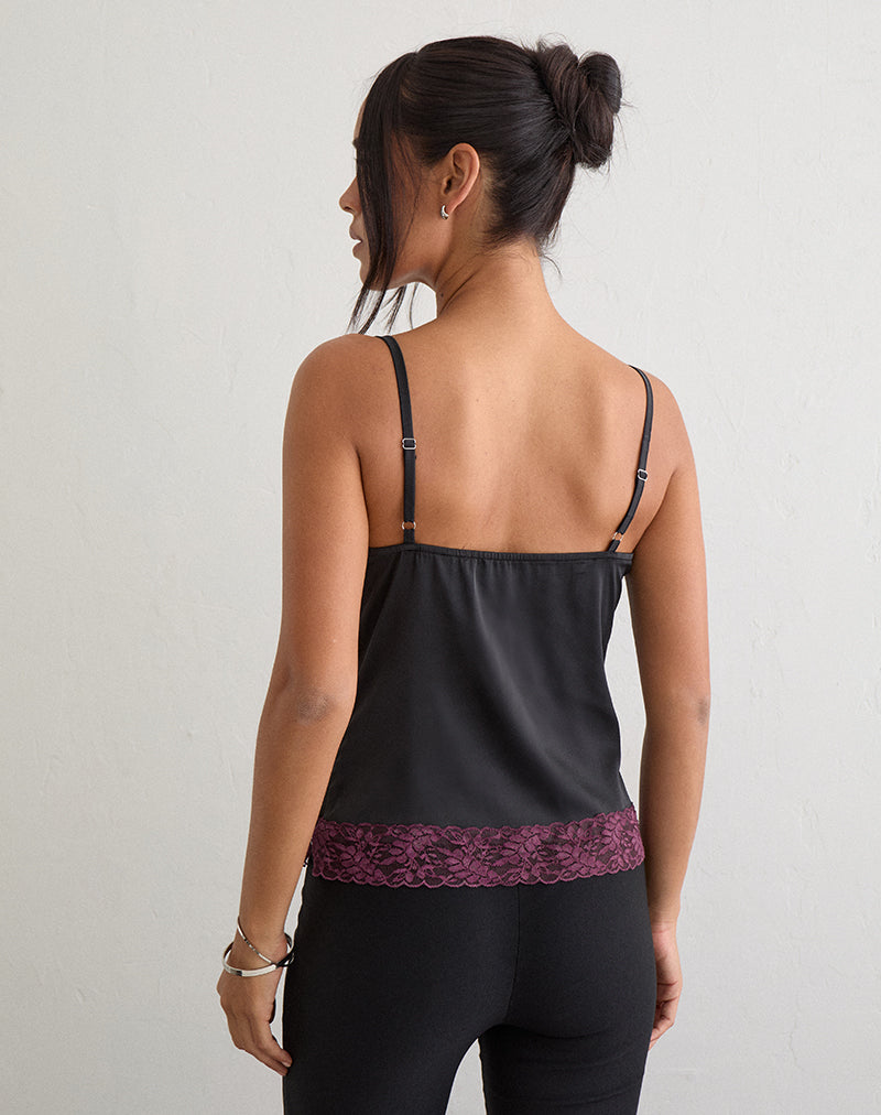 Image of Camara Top in Satin Black with Lace Trim Burgundy