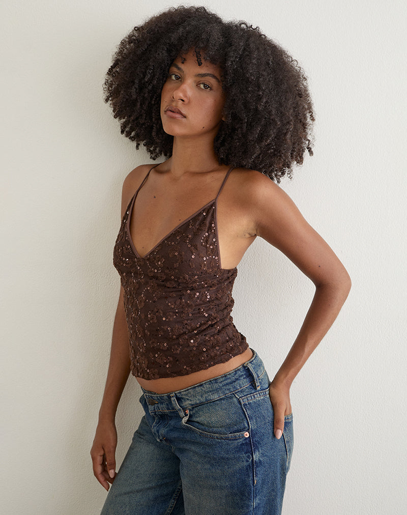 Camilla Top in Sequin Knit Brown