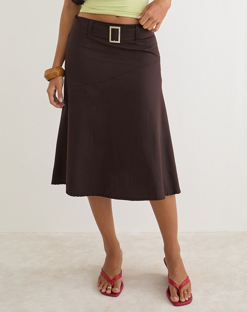 Cabot Midi Skirt with Belt in Cotton Twill Bitter Chocolate