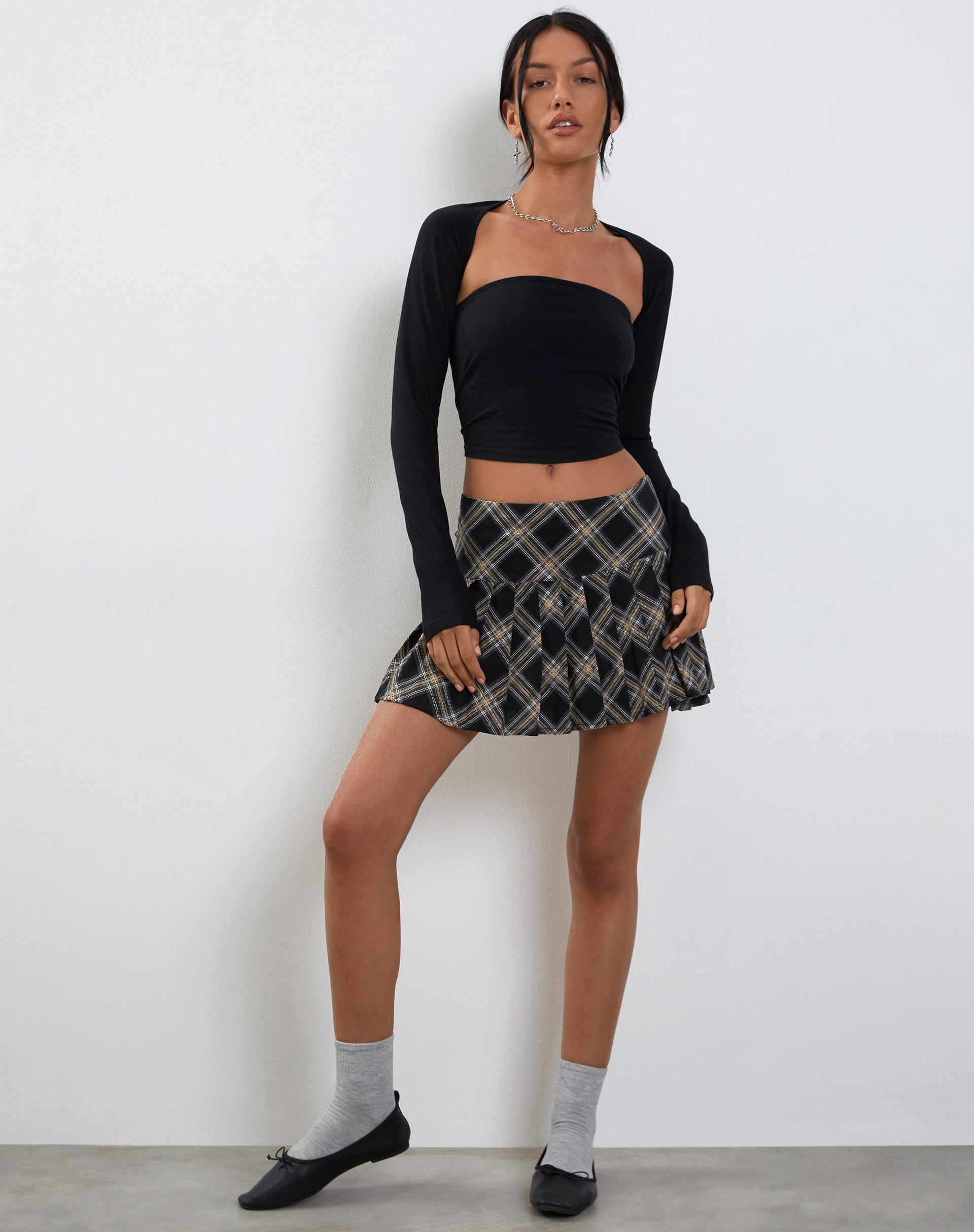 Grey check pleated skirt deals
