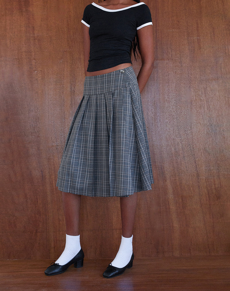 Grey Check Wrap Pleated Midi Skirt | Catelyn – motelrocks.com