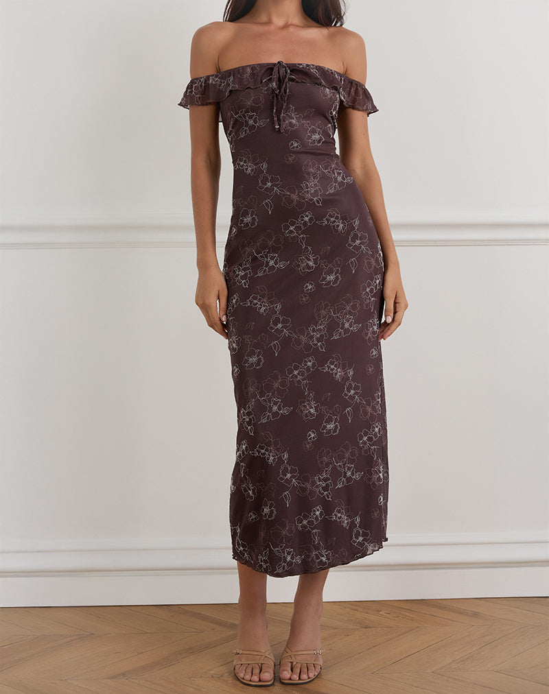Image of Catrin Midi Dress in Doodle Flower Flock Brown