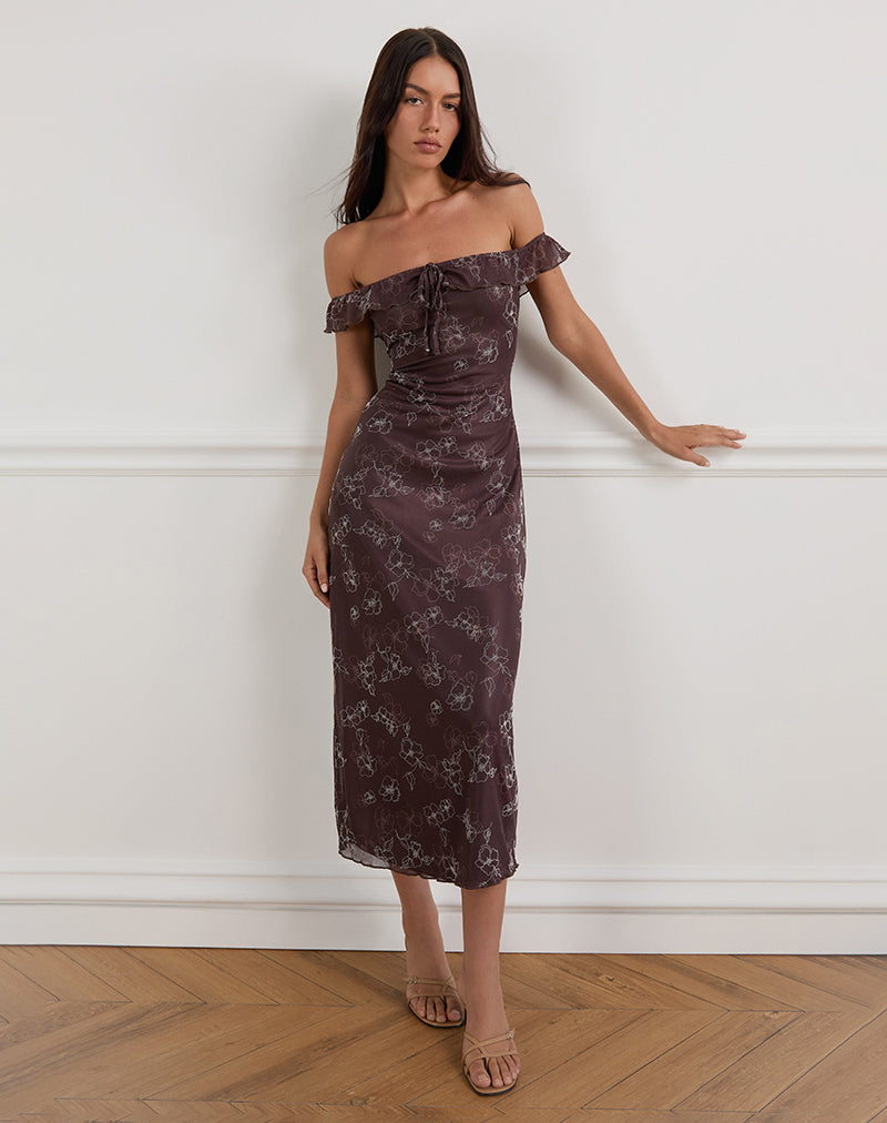 Image of Catrin Midi Dress in Doodle Flower Flock Brown
