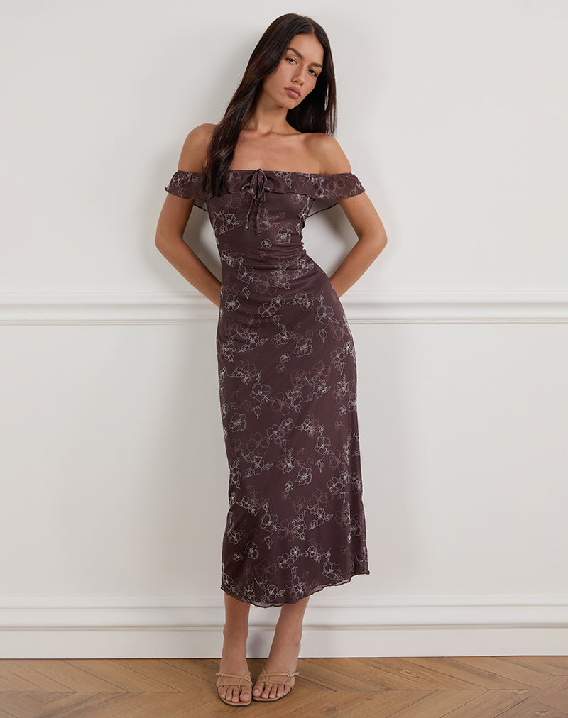 Image of Catrin Midi Dress in Doodle Flower Flock Brown
