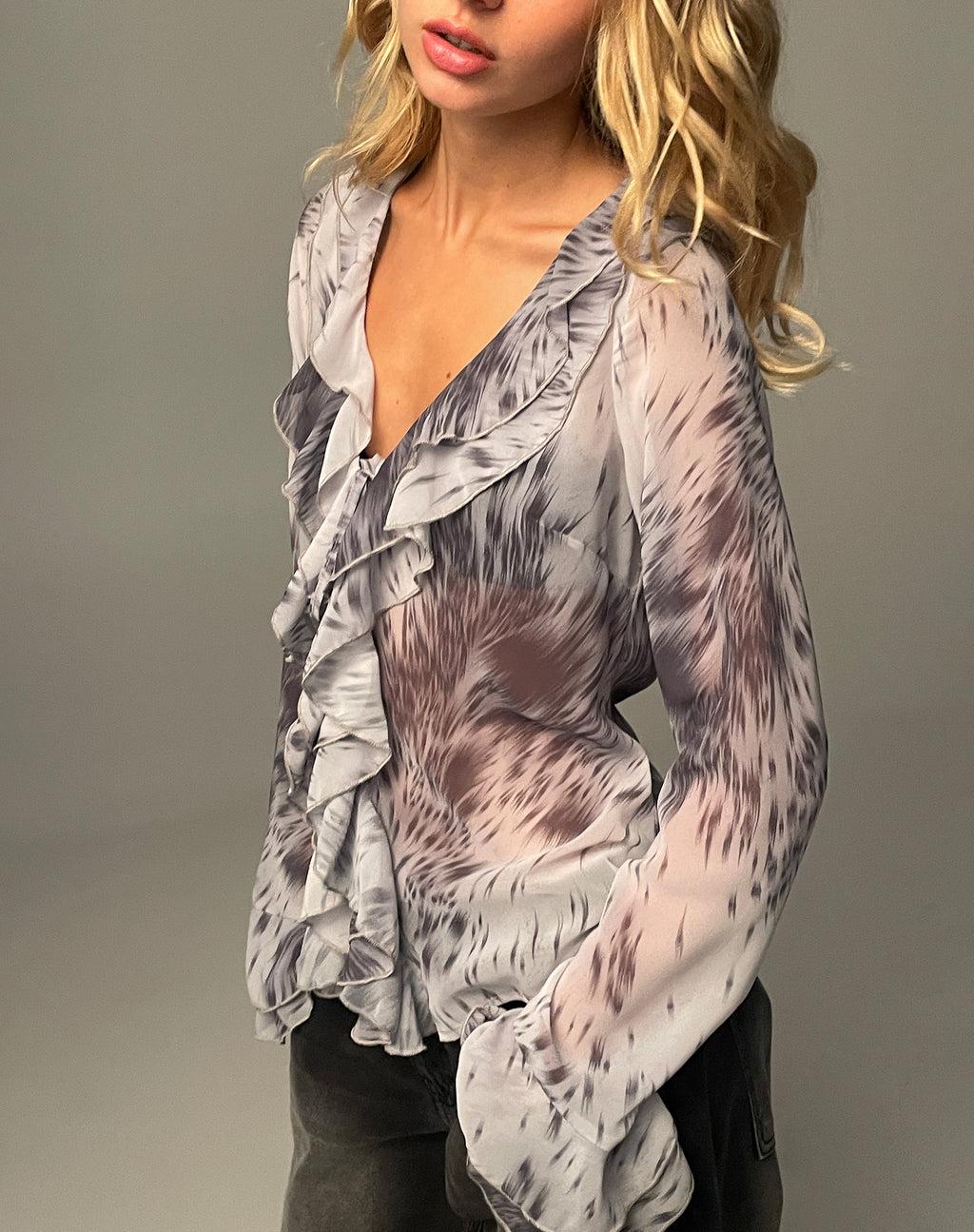 Cecelia Ruffle Detail Blouse in Distorted Animal Print