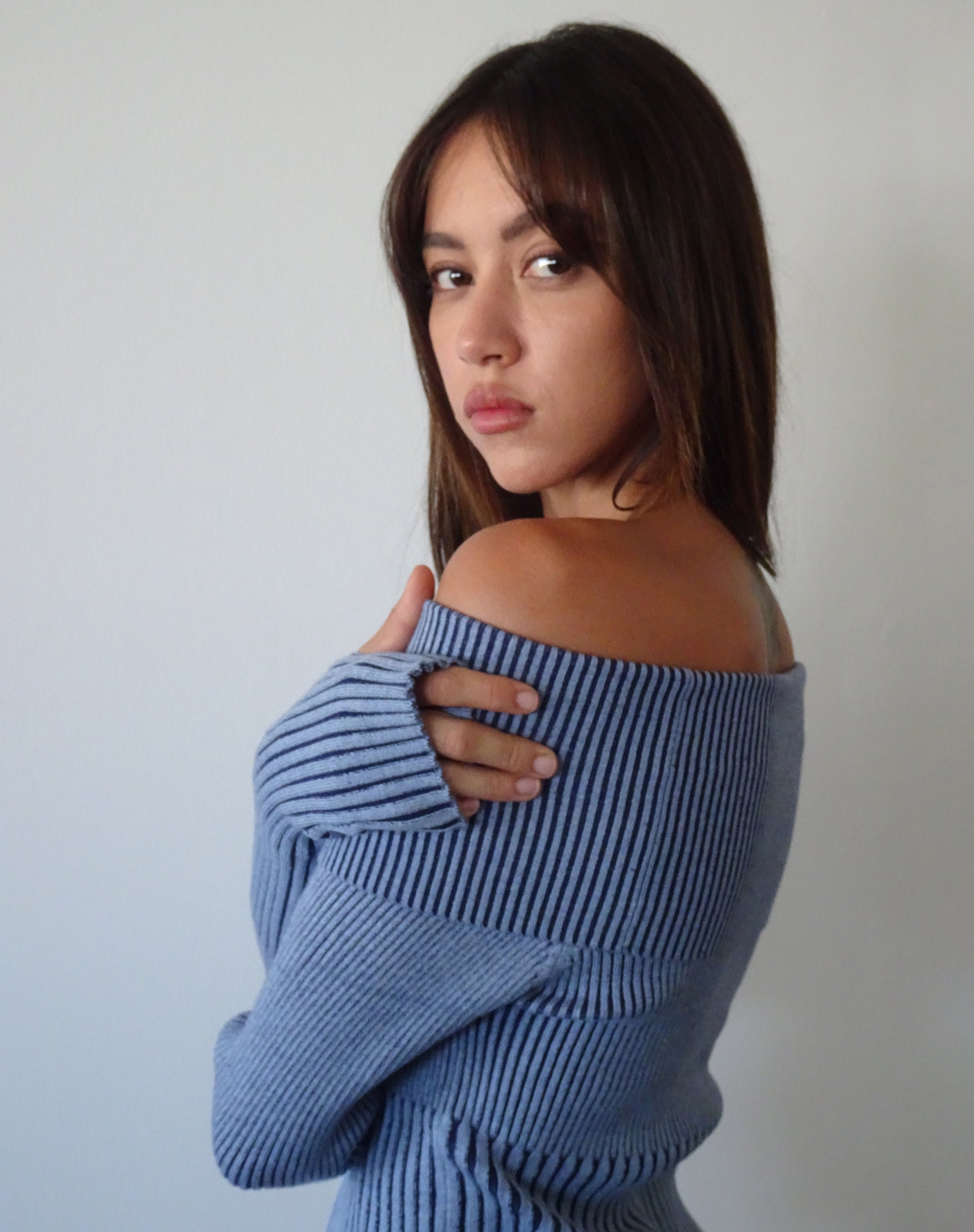 Image of Circe Knitted Bardot Jumper in Two Tone Blue