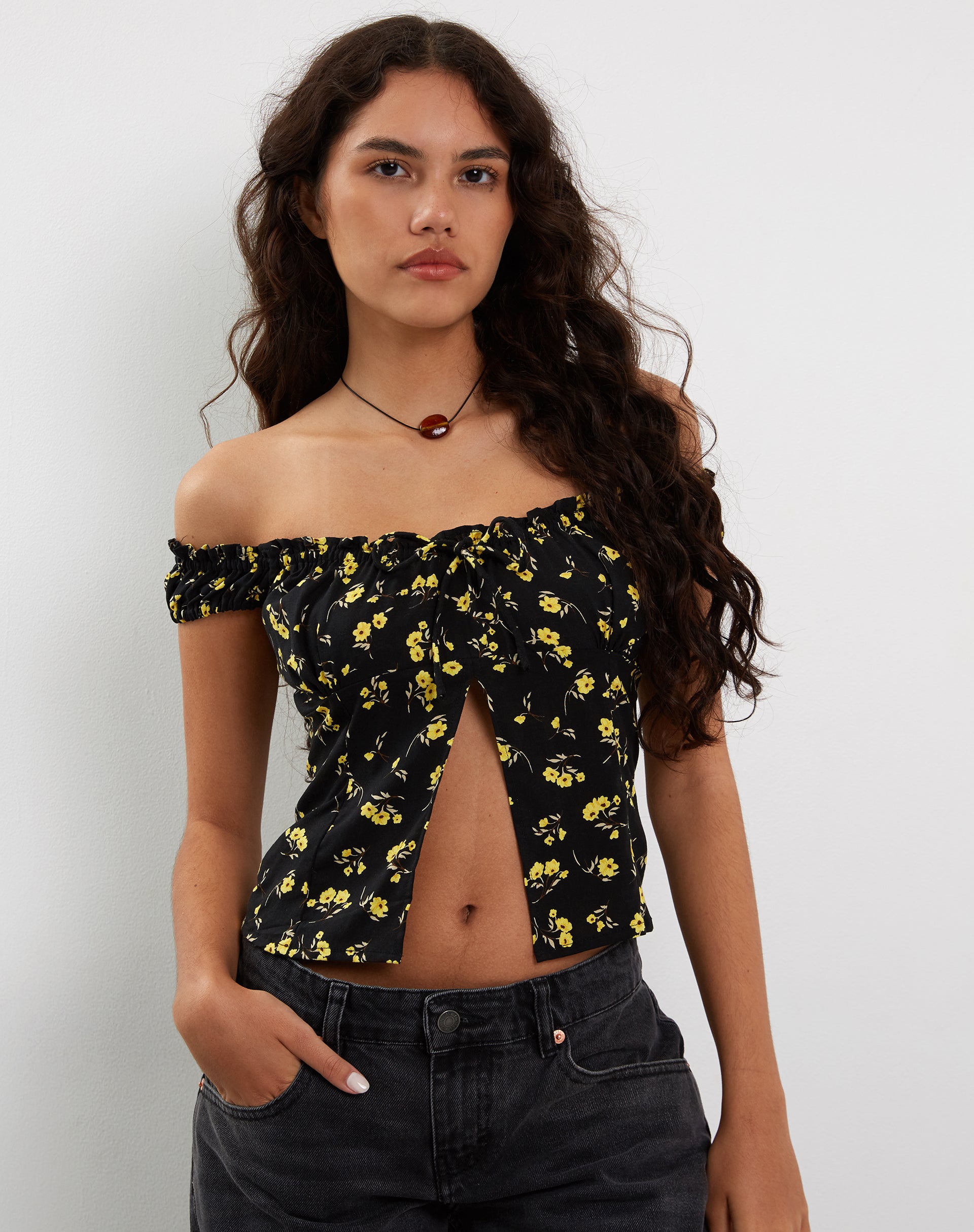 Image of Citra Bardot Frill Top in Buttercup Black Yellow