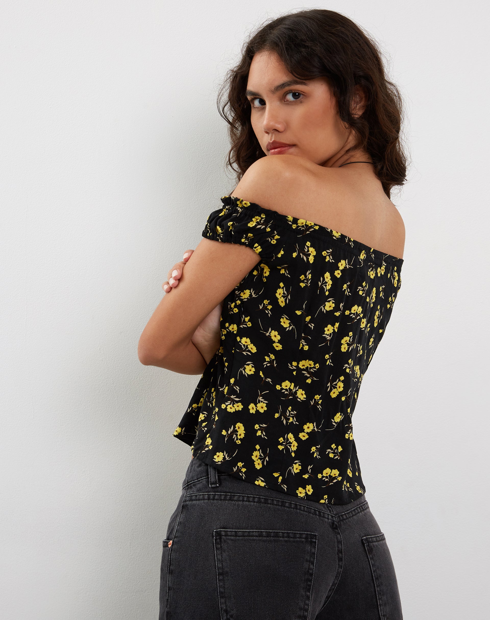 Buttercup Black Yellow Bardot Frill Top Citra motelrocks