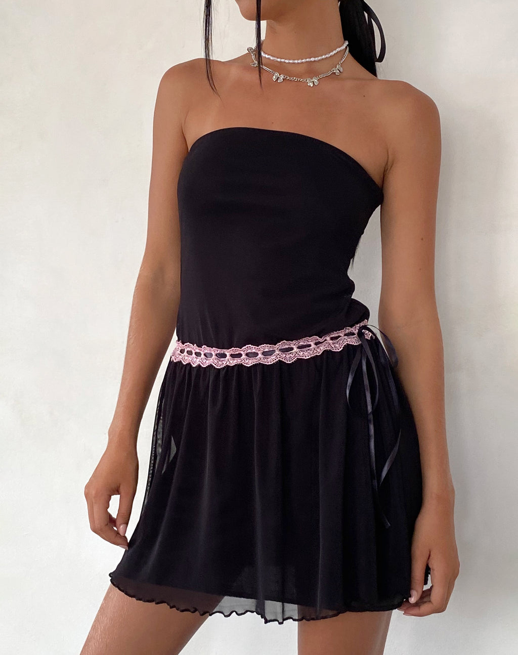 Cleodora Bandeau Mesh Mini Dress in Black with Pink Waistband