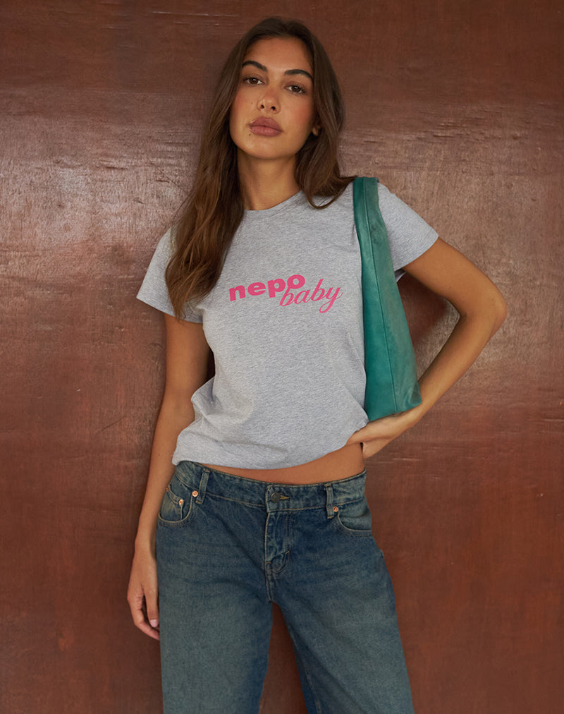 Image of Clio Baggy Tee in Grey Marl with Nepo Baby Graphic