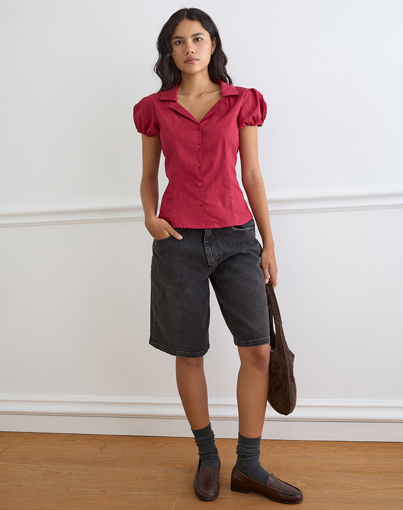 Image of Cloma Fitted Blouse with Puff Sleeves in Adrenaline Red