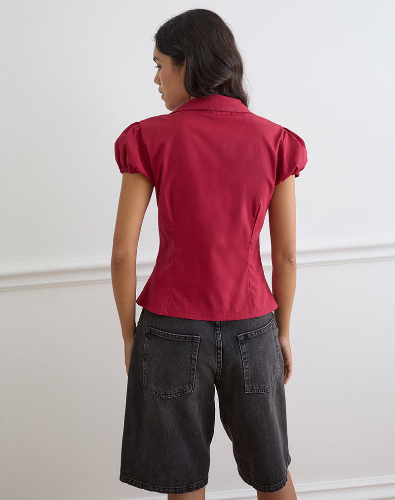 Image of Cloma Fitted Blouse with Puff Sleeves in Adrenaline Red