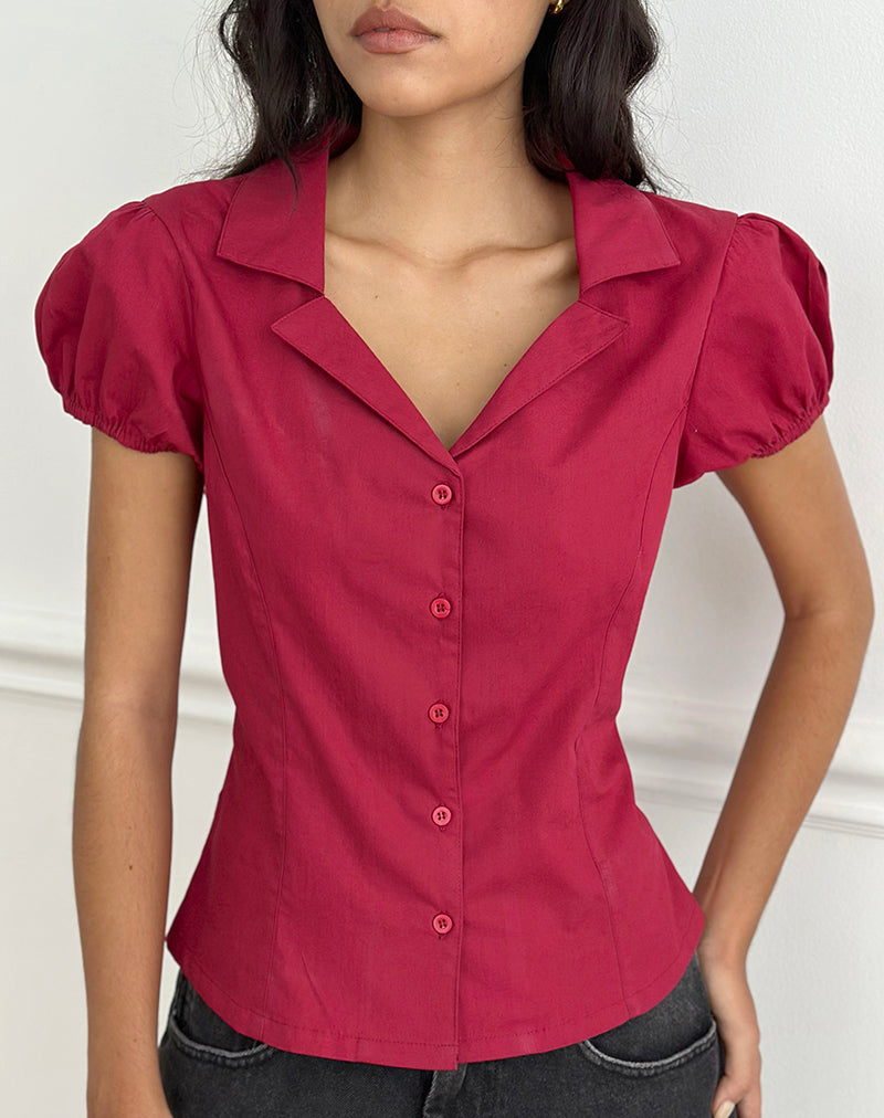 Image of Cloma Fitted Blouse with Puff Sleeves in Adrenaline Red