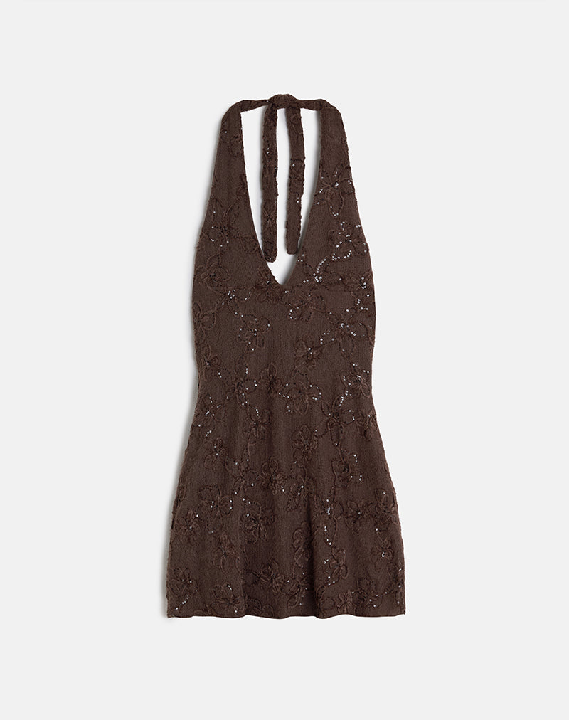 Image of Codami Halterneck Mini Dress in Sequin Knit Dark Brown