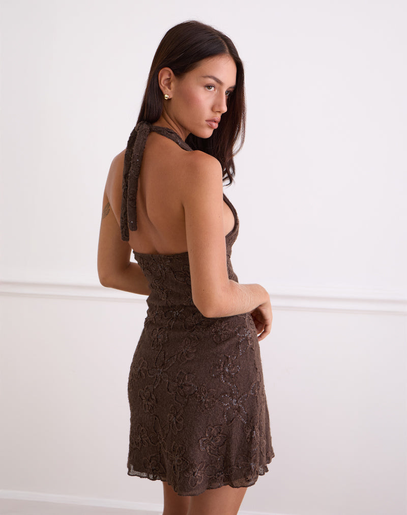 Image of Codami Halterneck Mini Dress in Sequin Knit Dark Brown