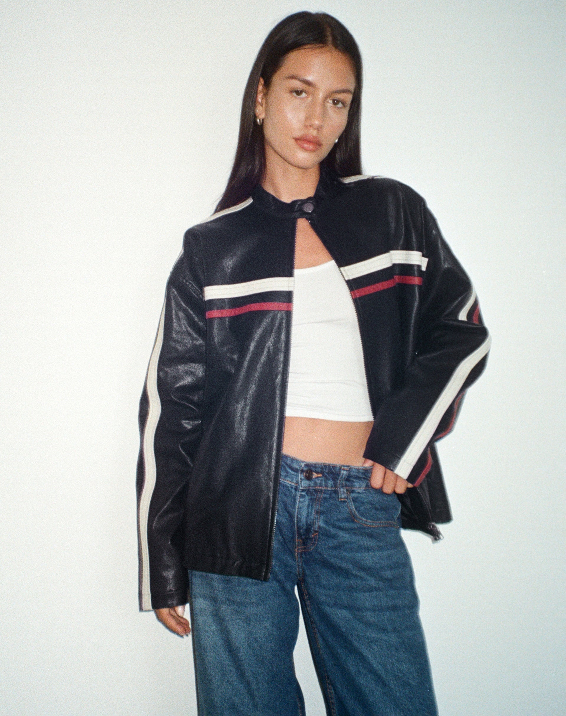 Image of Colton Jacket in PU Black with Ivory and Red Stripe