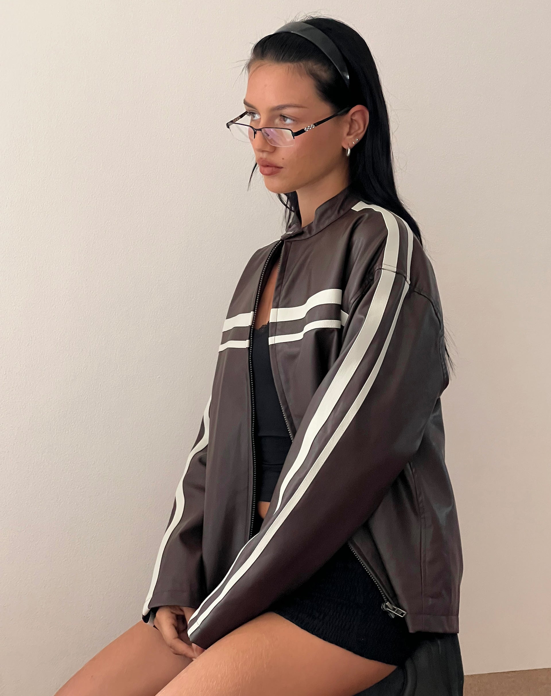 Image of Colton Jacket in PU Chocolate with Ivory Stripe