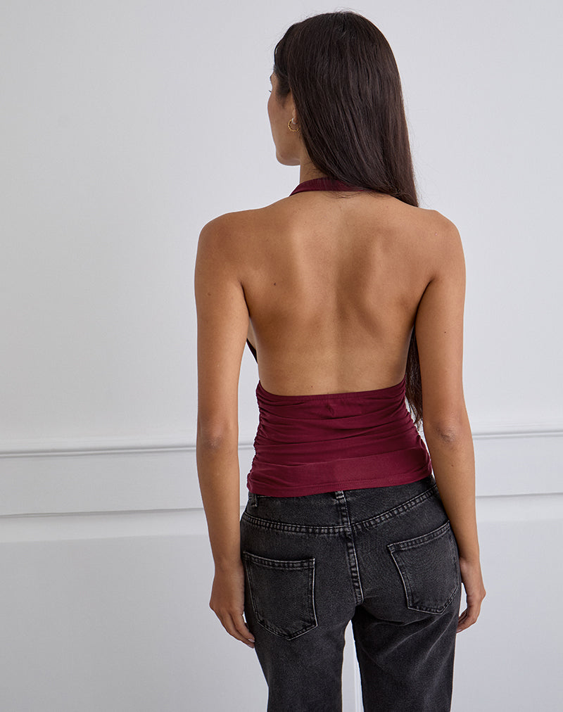 Image of Cosimo Halterneck Top in Cupro Dark Red