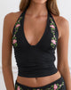 Image of Cosmo Halterneck Top in Black with Swirly Floral Embroidery