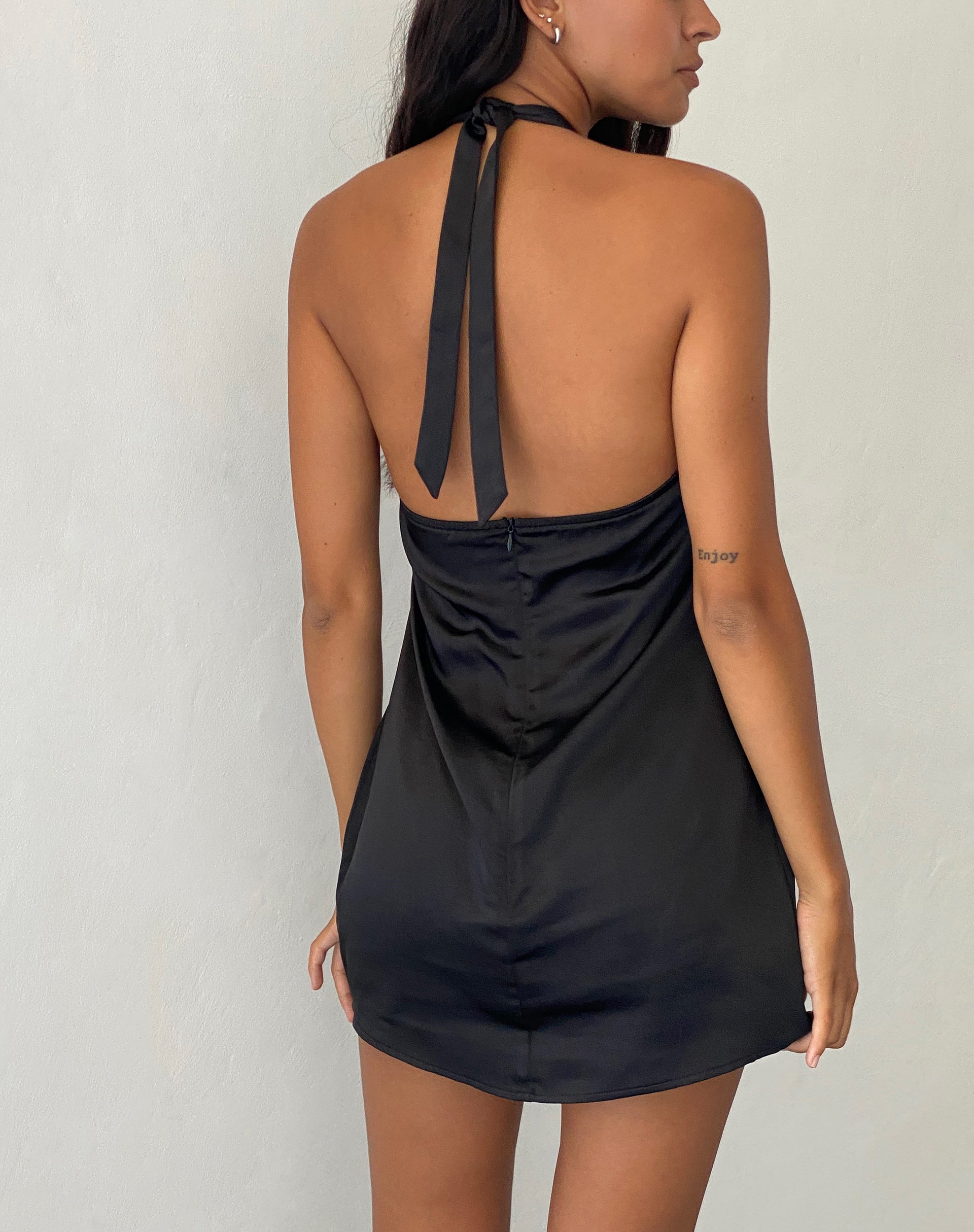 Black Satin Backless Mini Slip Dress | SilkFred US