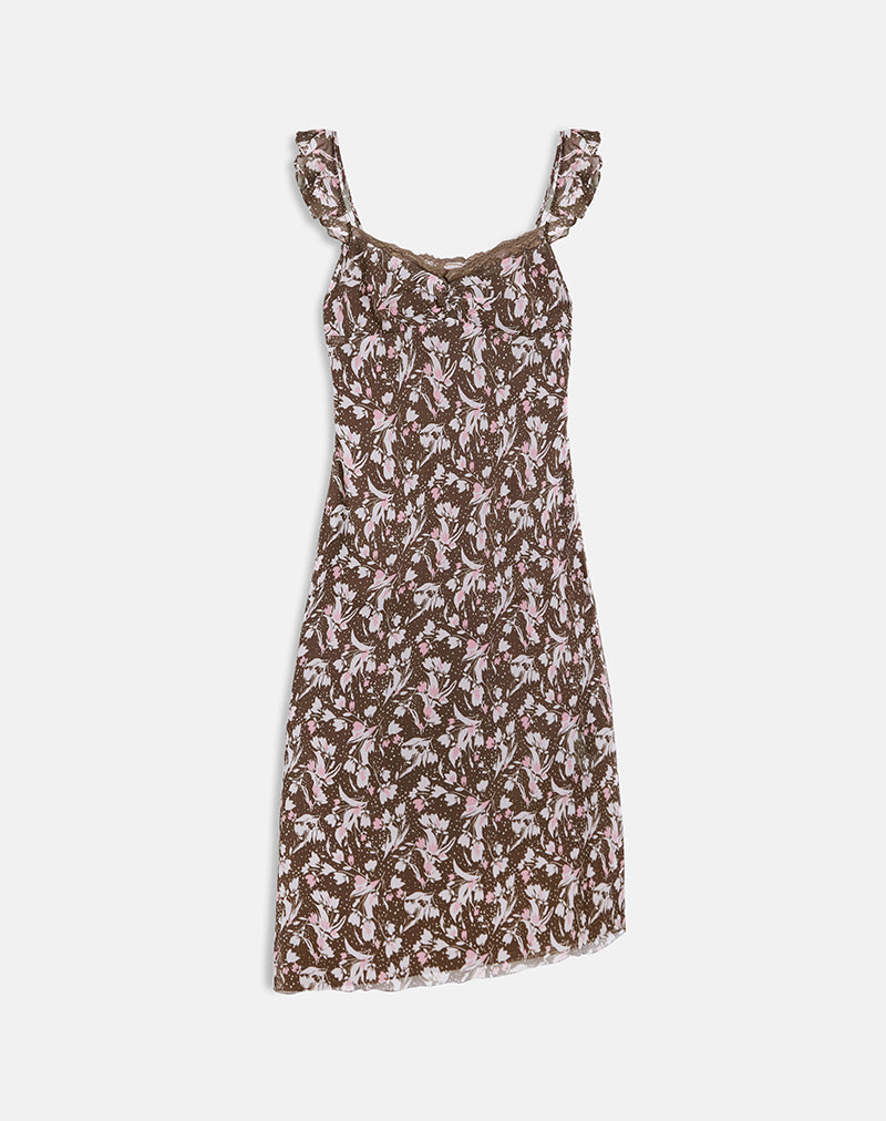Image of Daita Midi Dress in Brown and Pink Polka Flower Chiffon