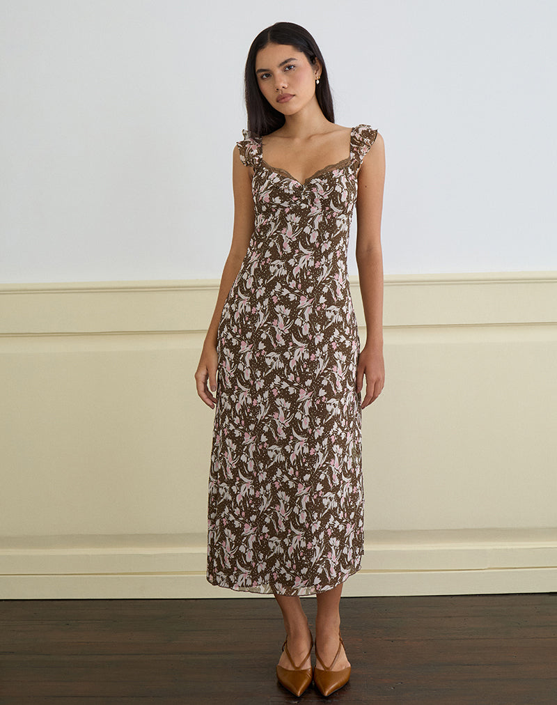 Image of Daita Midi Dress in Brown and Pink Polka Flower Chiffon