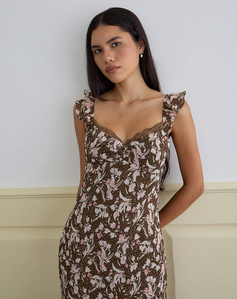 Image of Daita Midi Dress in Brown and Pink Polka Flower Chiffon