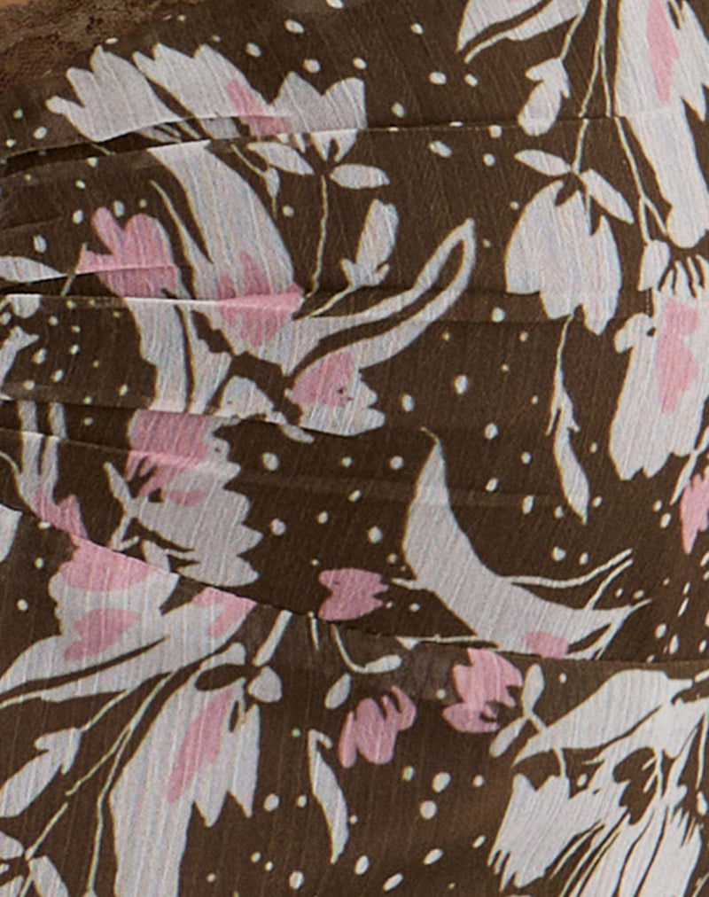 Brown and Pink Polka Flower Chiffon Print Midi Dress