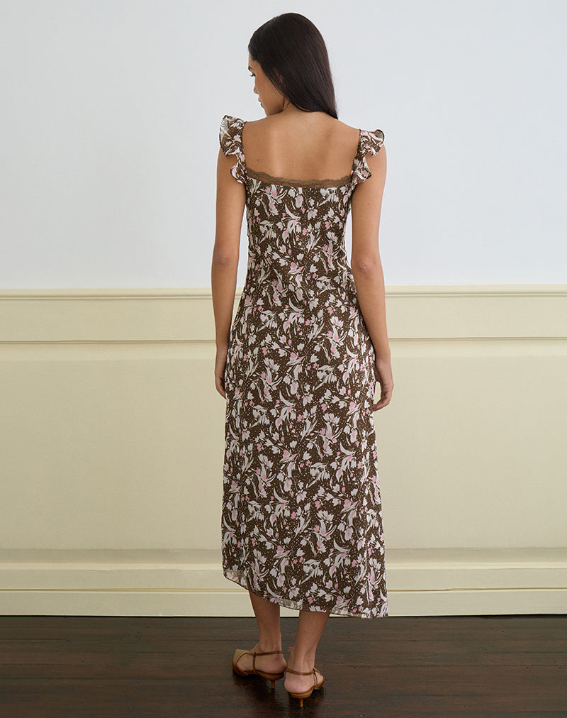 Brown and Pink Polka Flower Chiffon Print Midi Dress | Daita motelrocks.com Brown and Pink Polka Flower Chiffon Print Midi Dress | Daita motelrocks.com