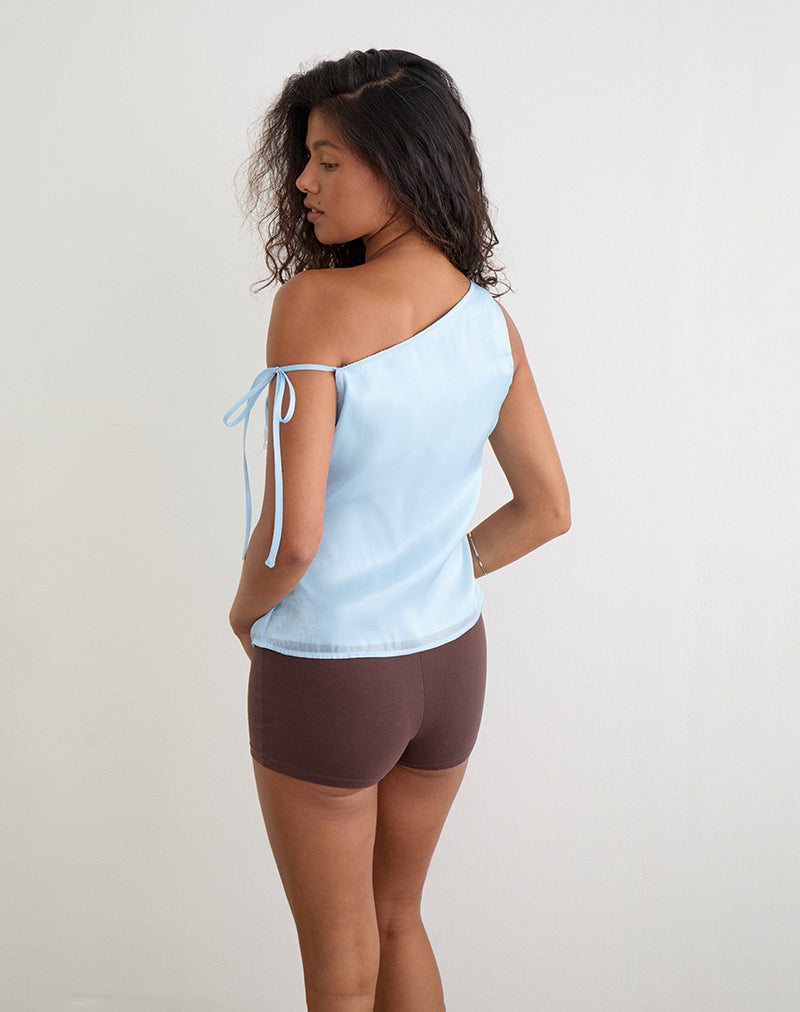 Orbansa Rocks Light Blue One Shoulder Frill Trim Satin Top | Dalvia – motelrocks.com