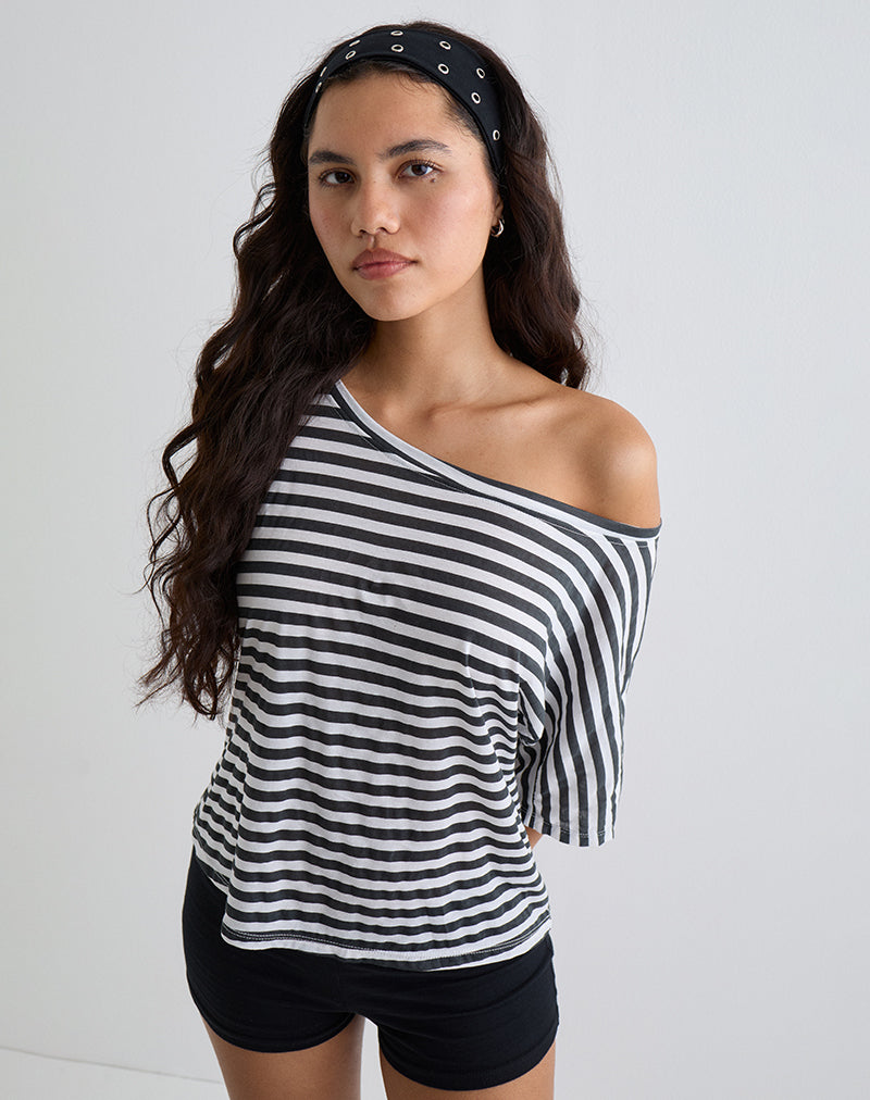 Image of Daman Off Shoulder Basic Top in Ivory with Charcoal Stripe
