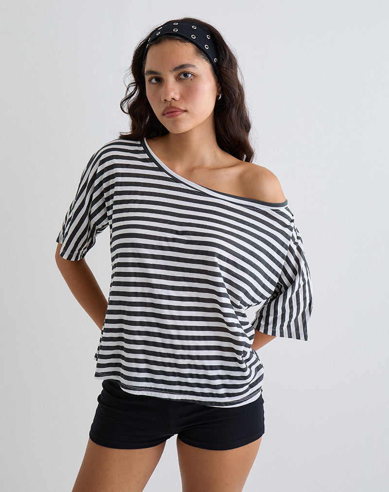 Daman Off Shoulder Basic Top in Ivory with Charcoal Stripe