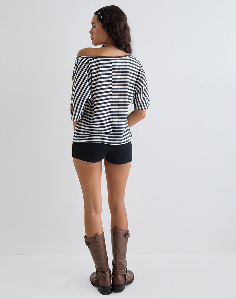 Image of Daman Off Shoulder Basic Top in Ivory with Charcoal Stripe