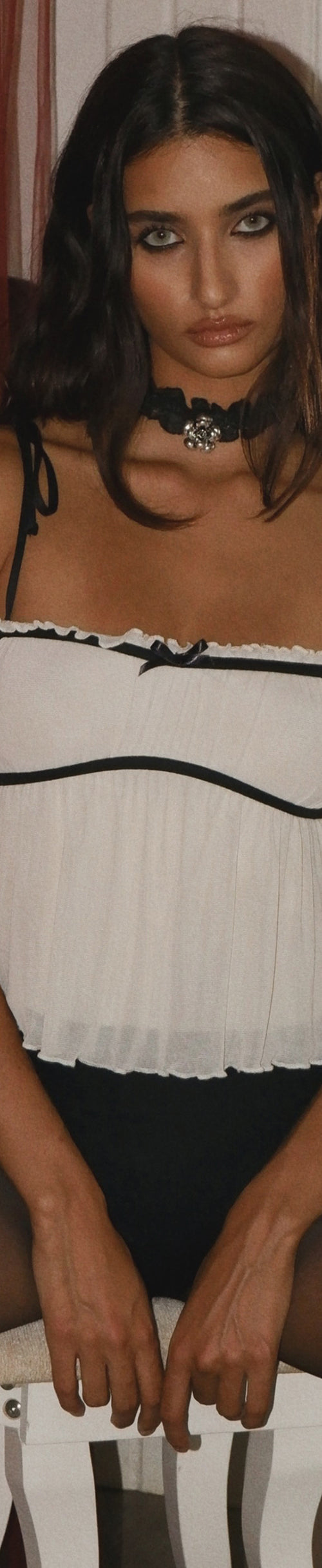 Image of Damaris Frill Cami Top in Cream with Black Centre Bow