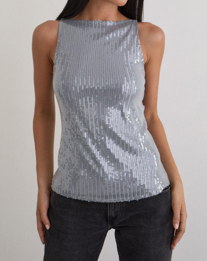 Image of Damske Vest Top in Clear Tinted Sequin Grey