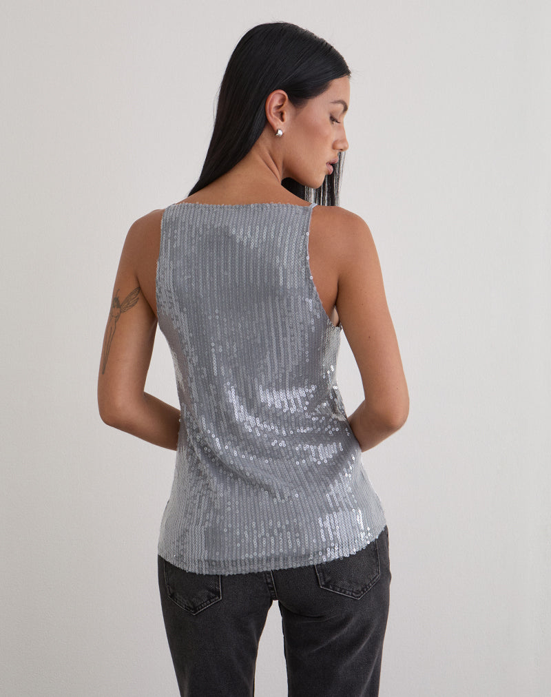 Image of Damske Vest Top in Clear Tinted Sequin Grey