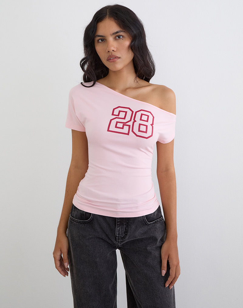 Image of Danama One Shoulder Top in Rayon Jersey Light Pink with '28' Graphic