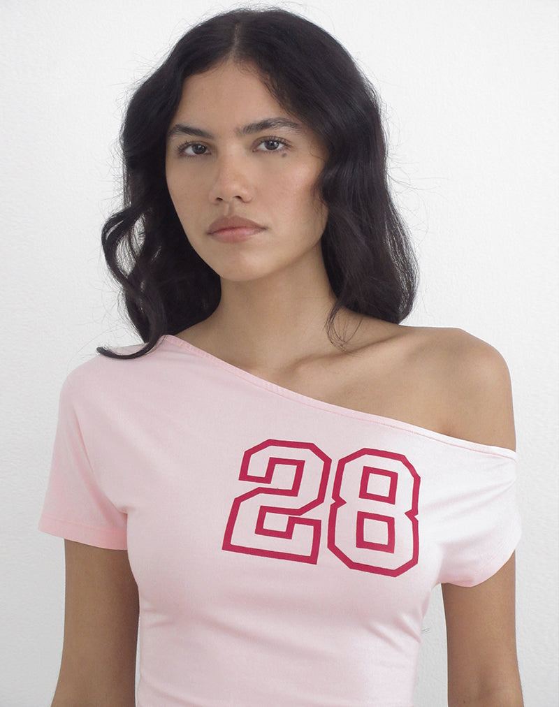 Danama One Shoulder Top in Rayon Jersey Light Pink with '28' Graphic