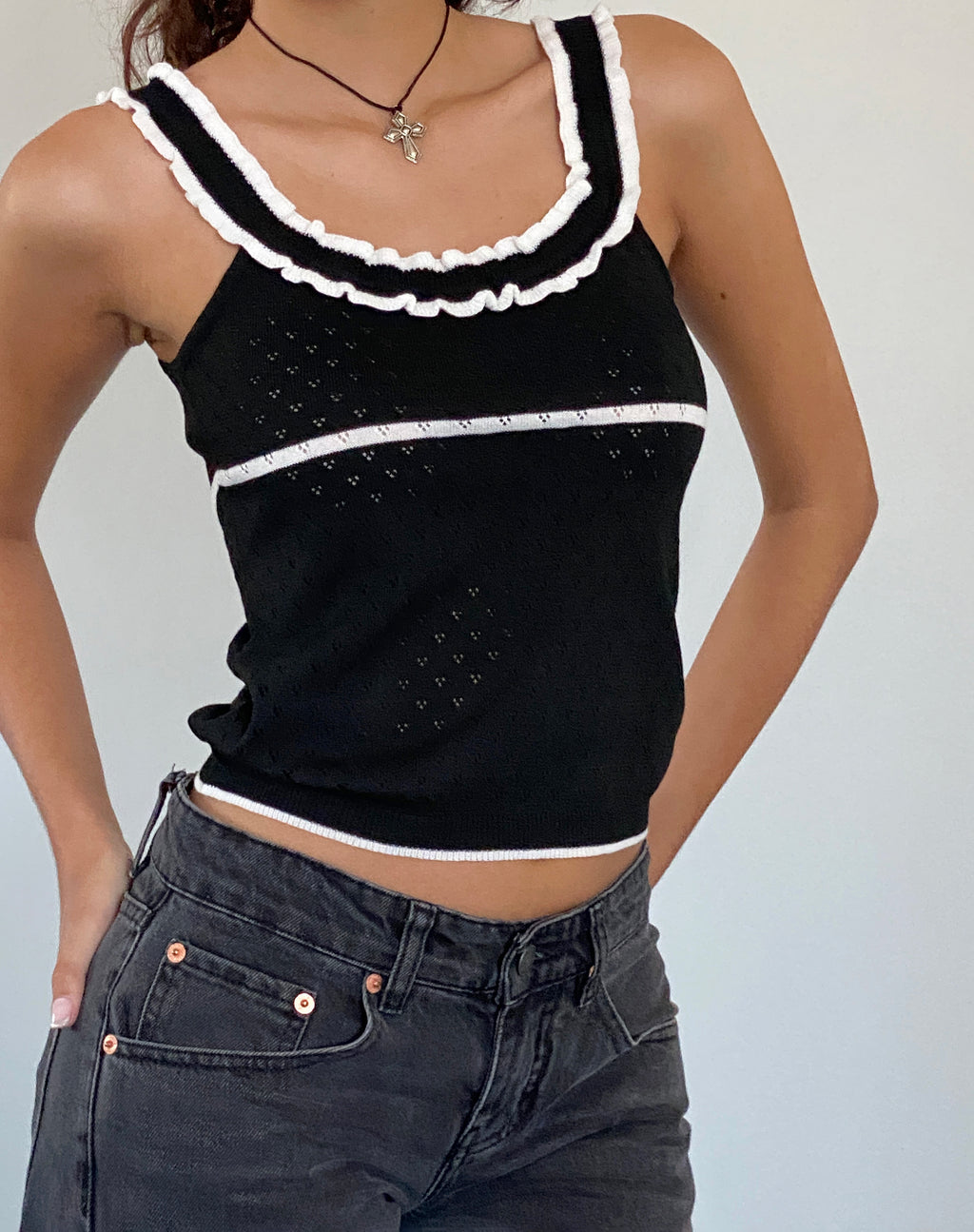 Darcie Pointelle Top in Black with White Tipping