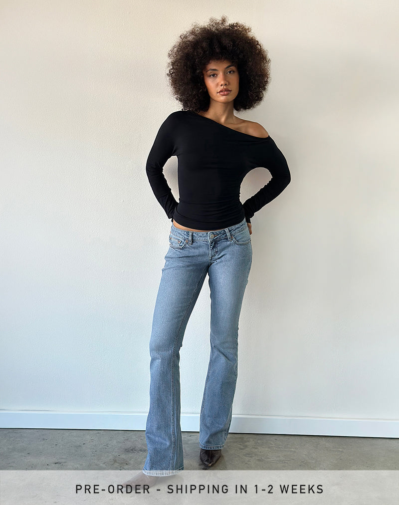 Ultra Low Rise Stretch Flare Jeans in Mid Blue