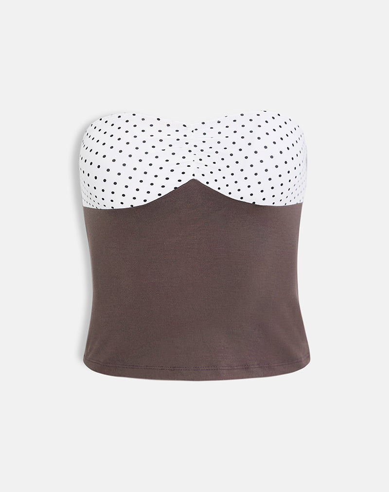 Image of Dayuri Bandeau Top in Peppercorn with White Polka Dots Panel